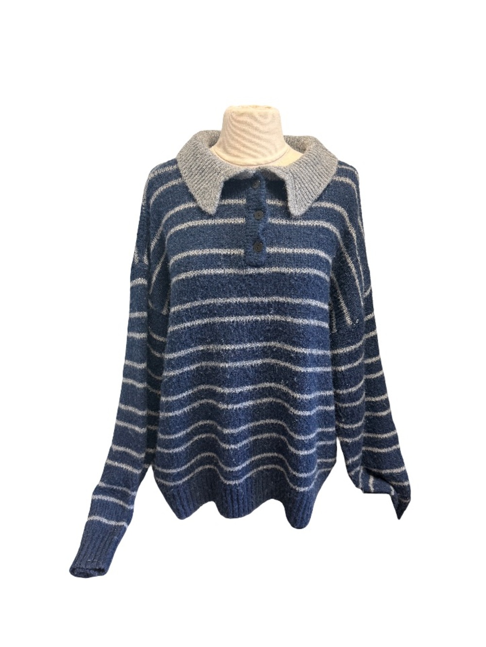 Lioness Blue and Gray Striped Polo Collar Turtleneck Sweater
